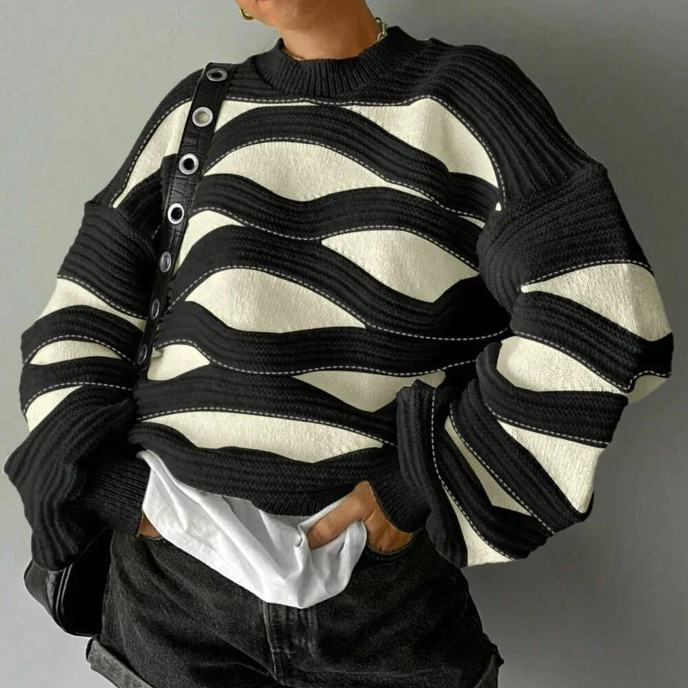 Black Casual Women's Round Neck Wave Stripe Color Long-Sleeved Knit Sweater - Picture 4 of 4